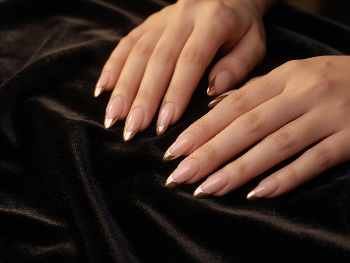 Nude manicure with fine gold nail art